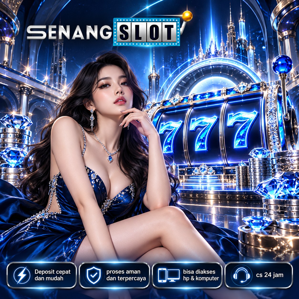 Poster SENANGSLOT dengan nuansa biru dan visual hiburan digital